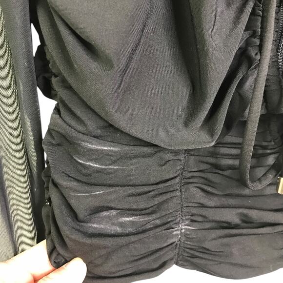 Self-Portrait Ruched Top Women Sz 10 Black Jersey Mesh Long Sleeve Night Out - Picture 4 of 11